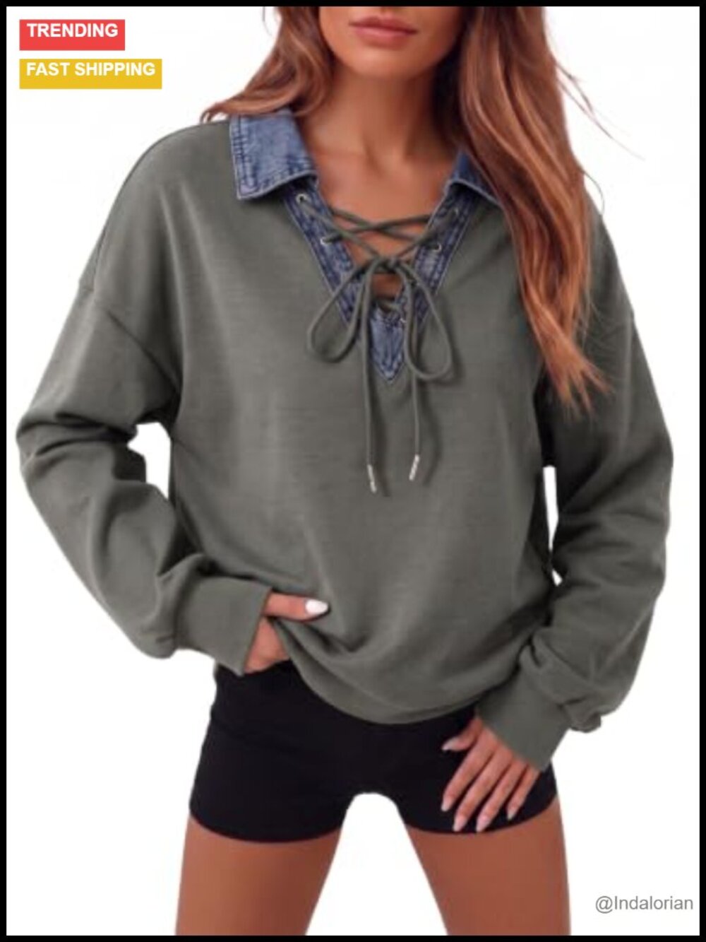 Oversized Denim Collar Sweatshirt with Lace-Up Front, Cotton Blend